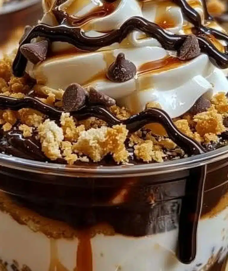 Delicious layered s'mores cups with chocolate and marshmallow topping.