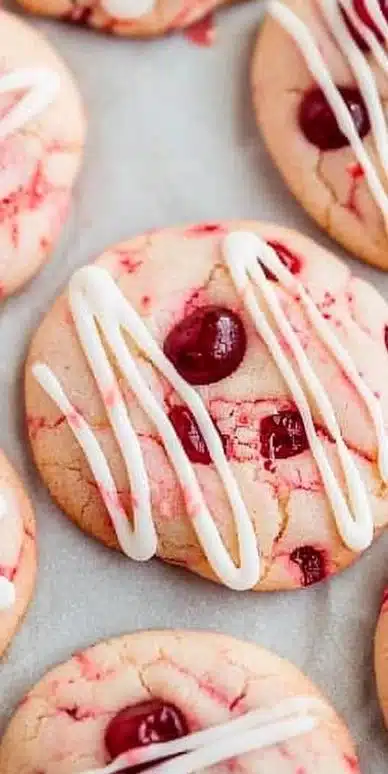 Soft cream cheese cherry almond cookies on a plate