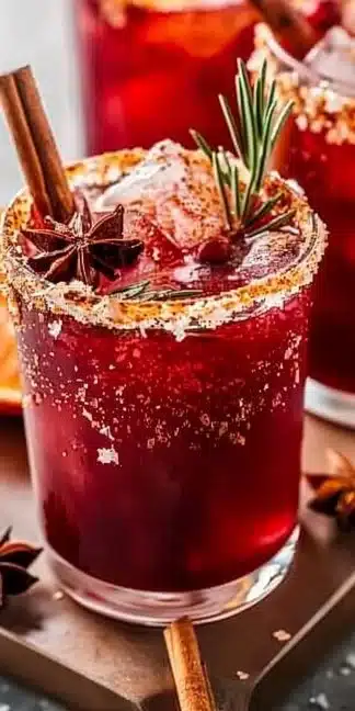 Spiced Christmas Mock-arita in a festive glass with seasonal garnishes