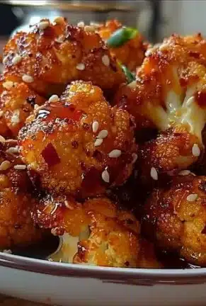 Crispy Spicy Honey Cauliflower Bites garnished with green herbs