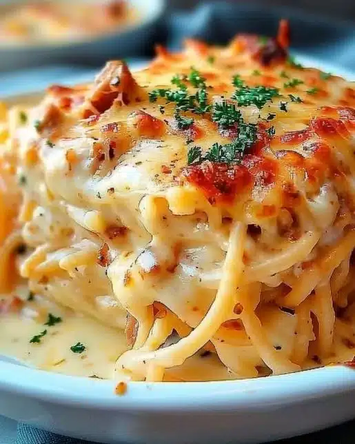 Cheesy chicken spaghetti casserole with a spicy southern twist