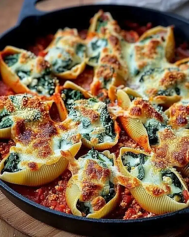 Plate of delicious spinach and ricotta stuffed shells topped with marinara sauce.
