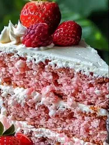 Delicious homemade strawberry cake with fresh strawberries and cream frosting.