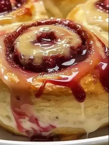 Strawberry cheesecake Cinnabon rolls on a white plate with fresh strawberries.