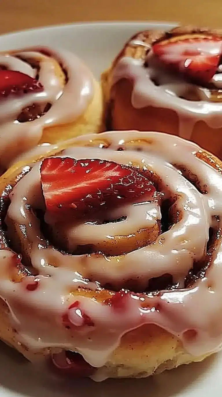 Delicious strawberry cheesecake cinnamon rolls topped with fresh strawberries and cream.