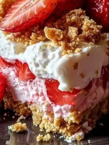 Delicious Strawberry Crunch Cheesecake with a vibrant strawberry topping and crunchy crumbs.