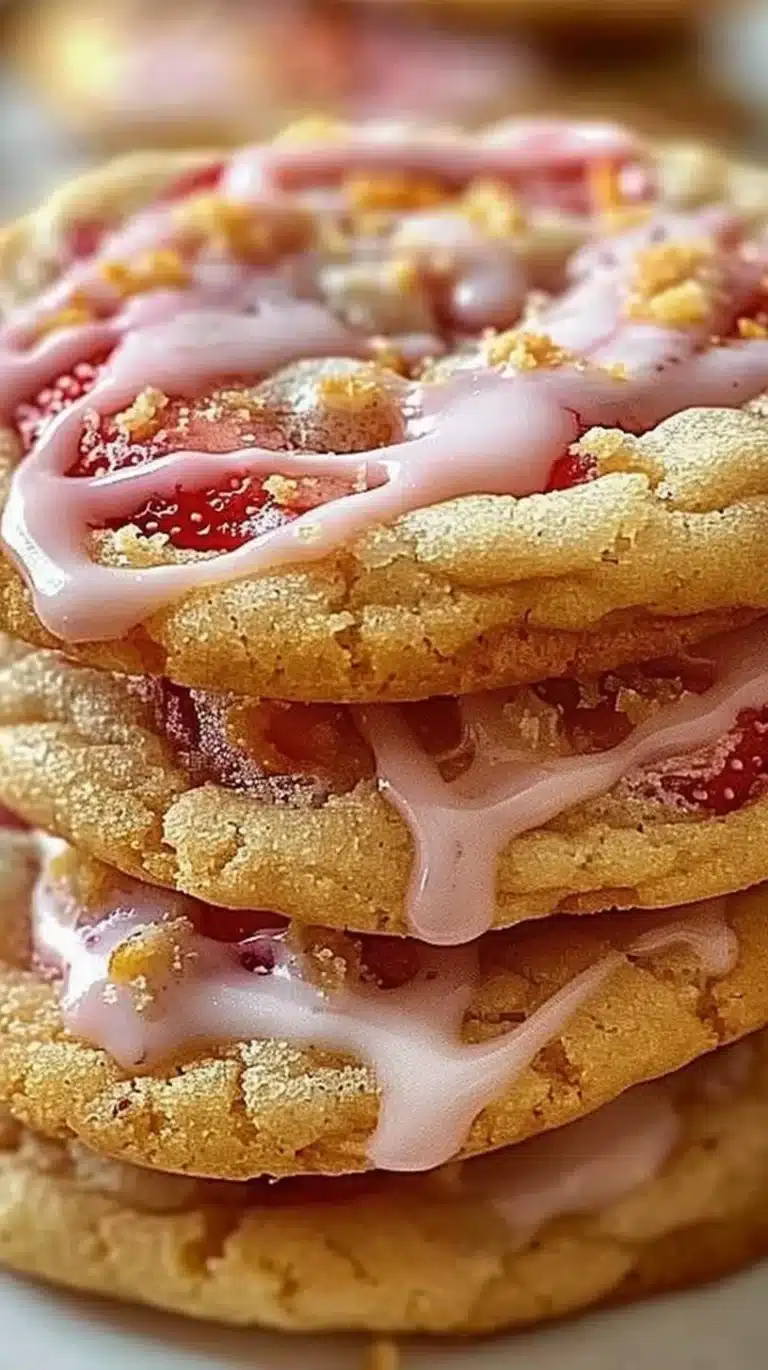 Freshly baked strawberry crunch cookies with a crispy topping and vibrant color.
