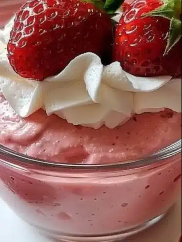 Delicious homemade strawberry mousse in a glass garnished with fresh strawberries.