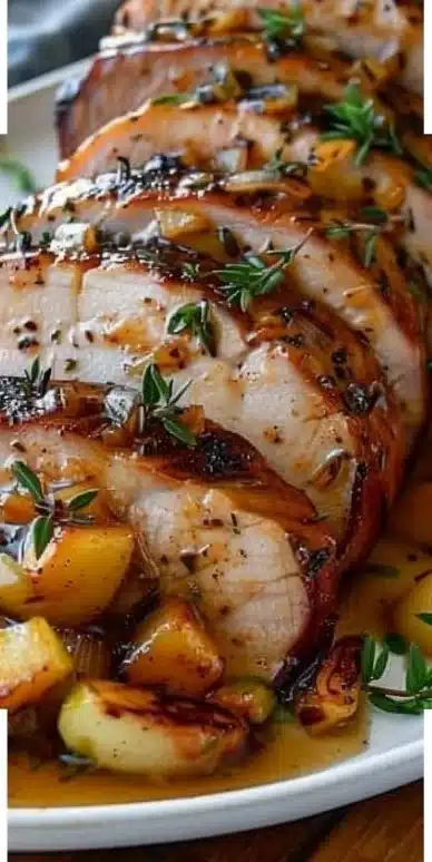 Stuffed beef tenderloin with apple bourbon gravy plated with herbs.