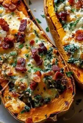 Stuffed butternut squash filled with spinach, bacon, and cheese.