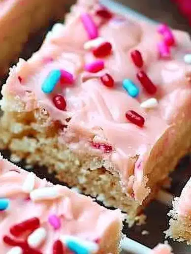 Delicious homemade sugar cookie bars topped with frosting and sprinkles.