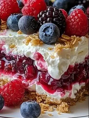 Delicious summer berry lasagna with fresh berries and creamy layers