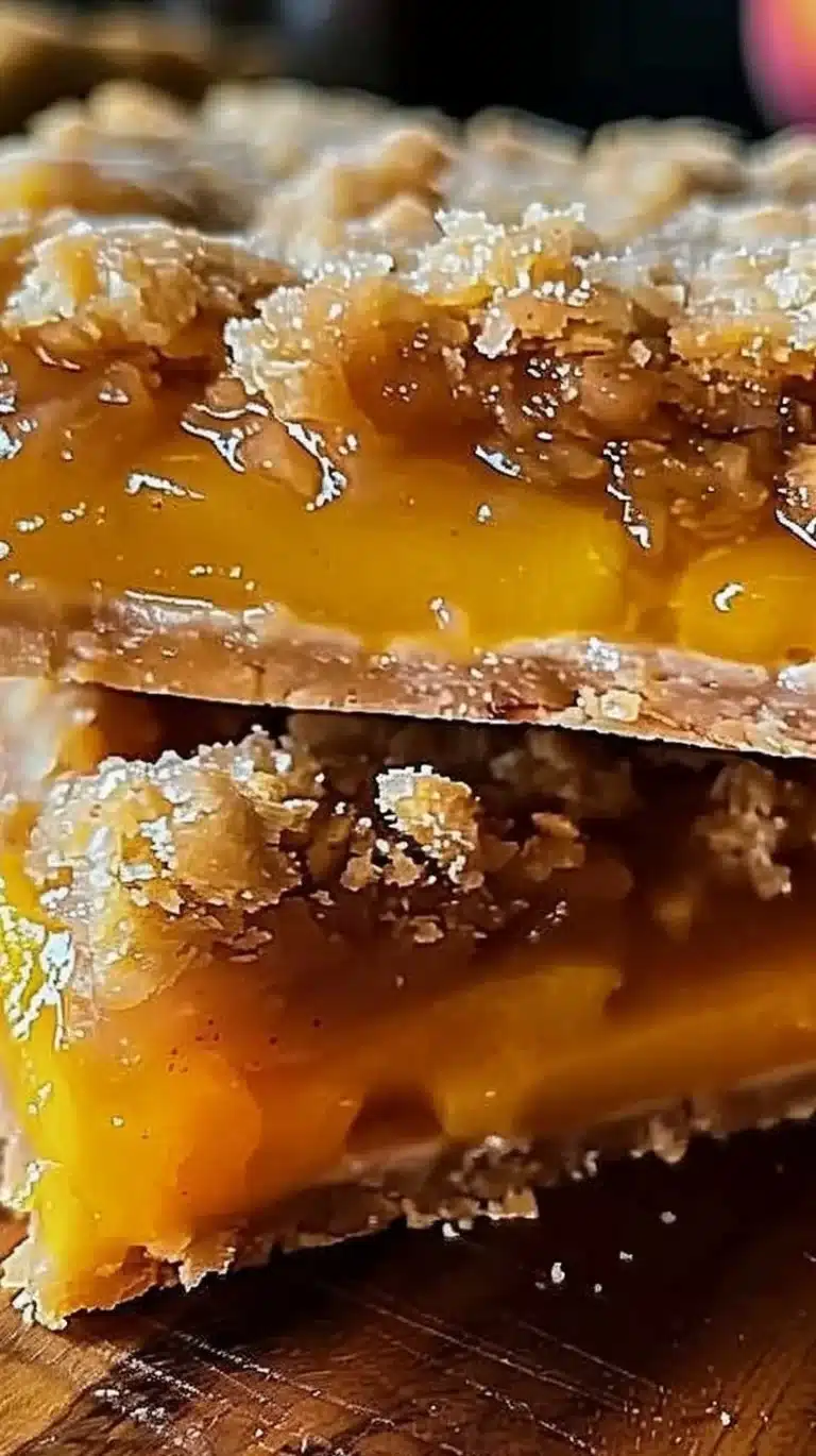 Delicious homemade summer peach bars served on a plate with fresh peaches