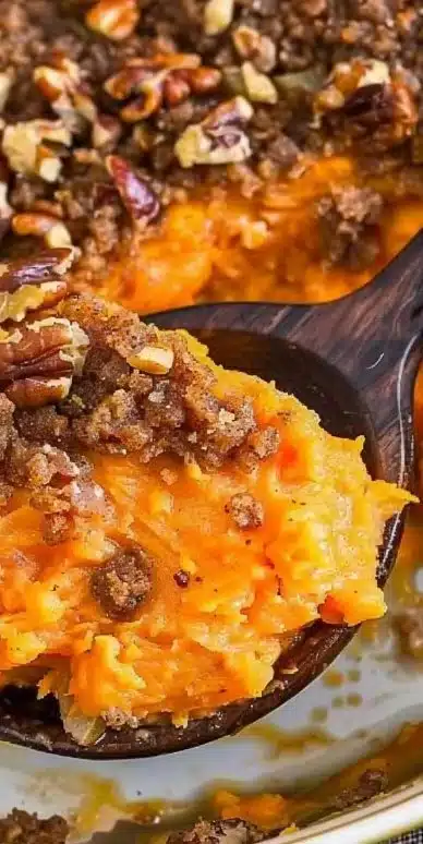 Delicious sweet potato casserole topped with pecans and marshmallows