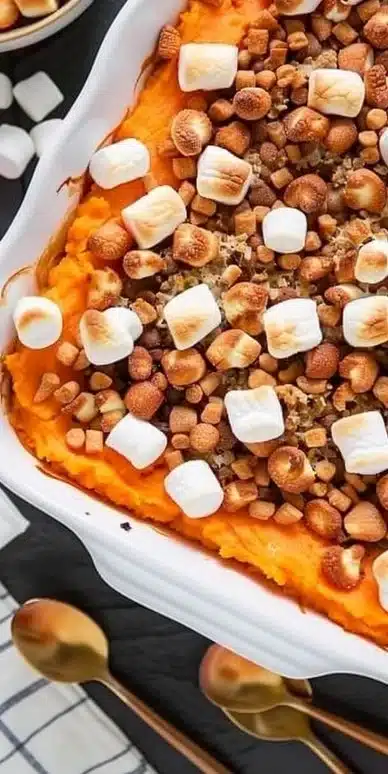 Delicious sweet potato casserole topped with toasted marshmallows