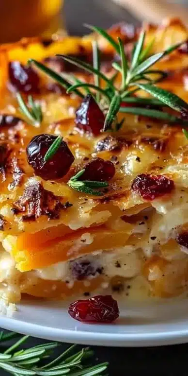 Sweet potato and cranberry gratin dish topped with fresh herbs