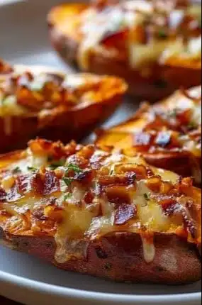Deliciously baked sweet potato skins topped with cheese and herbs