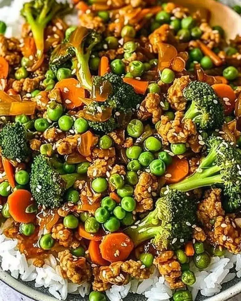 Delicious teriyaki ground turkey stir-fry with broccoli and peas