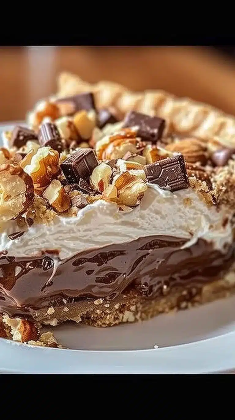 Delicious Texas Trash Pie filled with nuts, chocolate, and a crunchy topping