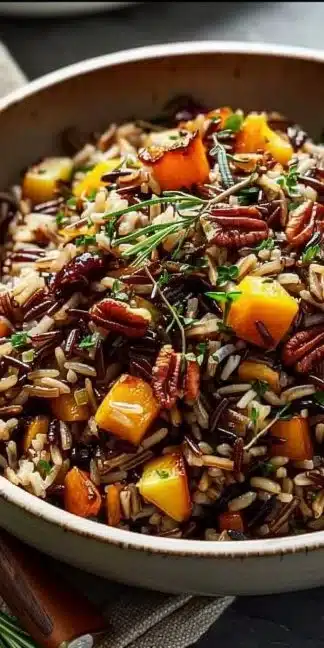 Thanksgiving wild rice recipe with seasonal ingredients and herbs