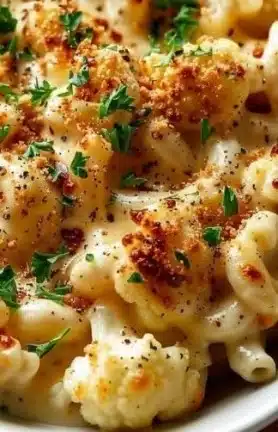 Delicious bowl of cauliflower mac and cheese topped with breadcrumbs and cheese.