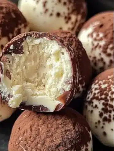 Delicious tiramisu truffles sprinkled with cocoa powder on a plate