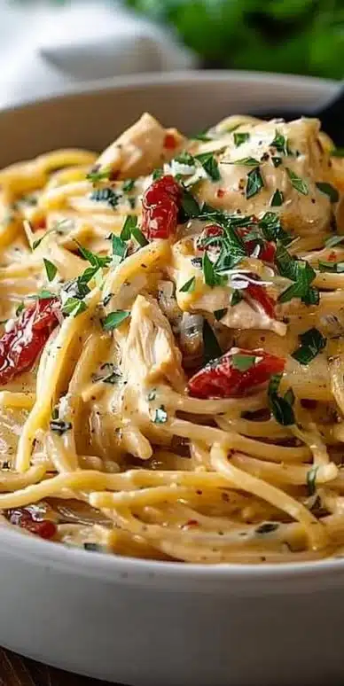 Delicious crockpot chicken spaghetti served in a bowl with fresh herbs