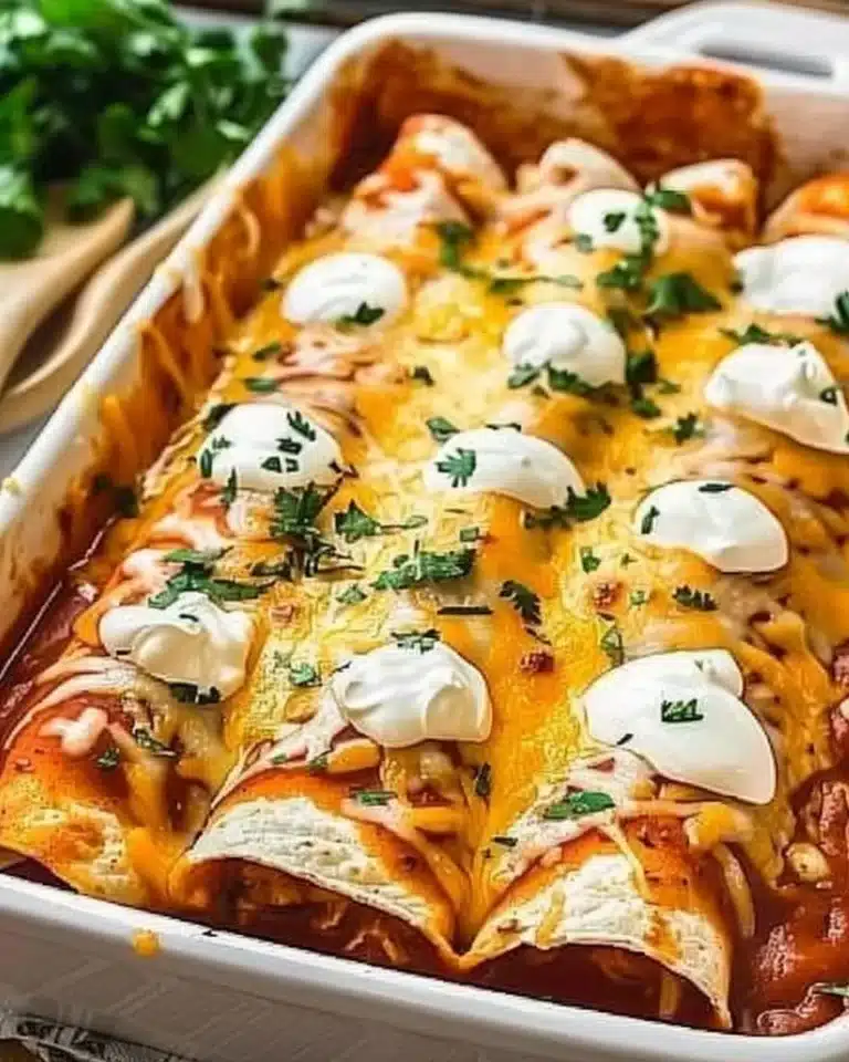 Delicious plate of quick and easy chicken enchiladas topped with cheese and sauce.