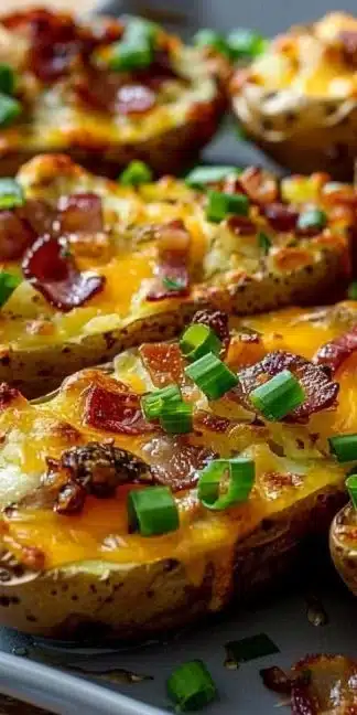 Golden, crispy stuffed potato skins topped with cheese, bacon, and green onions.