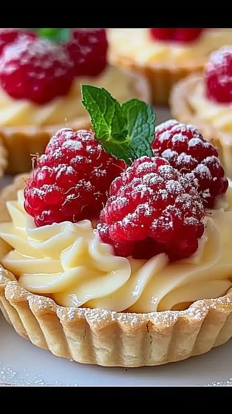 Delicious vanilla cream raspberry tarts beautifully arranged on a plate.