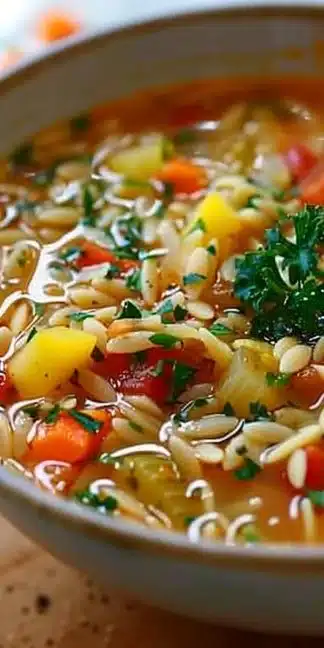 Bowl of colorful Vegetable Orzo Soup garnished with fresh herbs