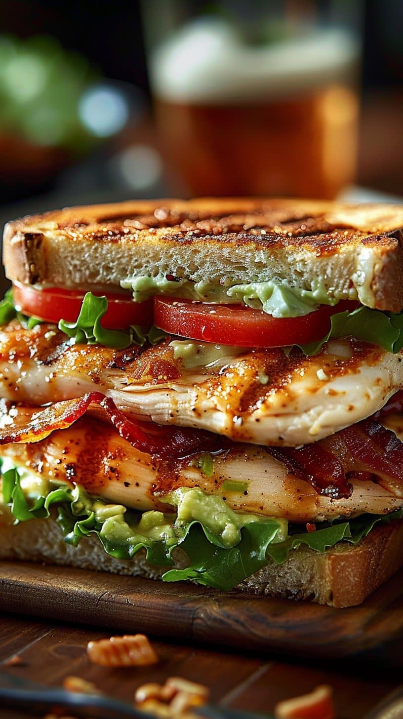 Ultimate Loaded Chicken Club Sandwich With Crispy Beef Bacon And Avocado Ranch Spread