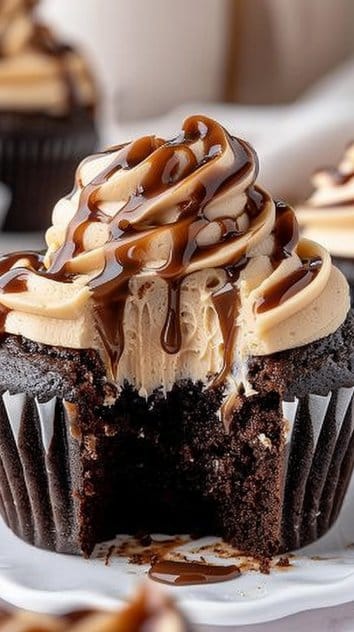 Coffee Cream Filled Chocolate Cupcakes with Espresso Buttercream and Ganache Drizzle