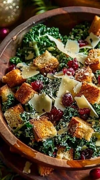 Christmas Kale Caesar Salad with Cranberry Croutons