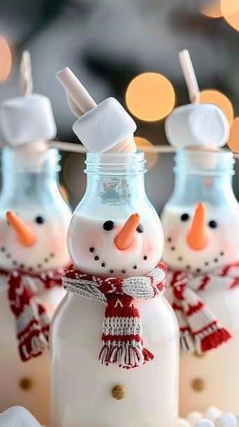 Snowman Milk Bottles with Marshmallow Heads