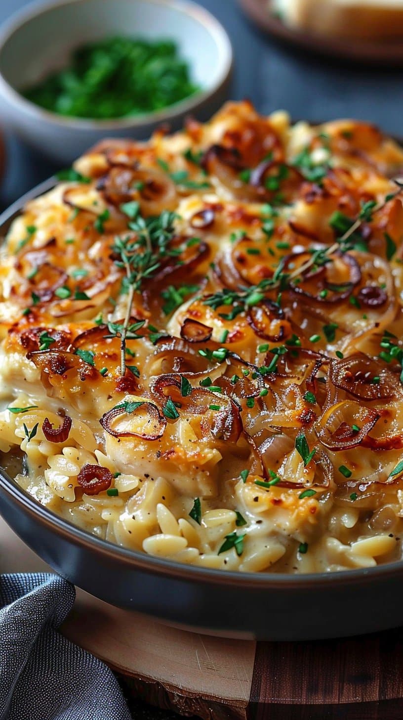 French Onion Chicken Orzo Casserole