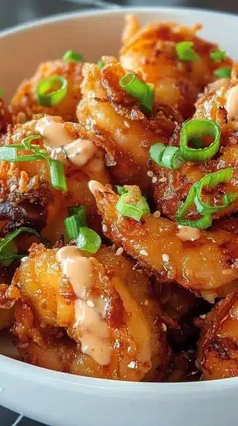 Delicious Air Fryer Bang Bang Shrimp served on a plate with dipping sauce.