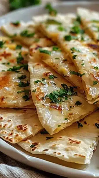 Air fryer garlic flatbread with herbs and spices on a wooden surface
