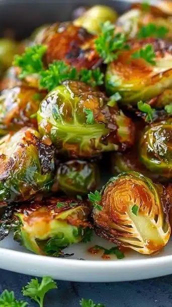 Crispy Air Fryer Maple Dijon Brussels Sprouts served in a bowl