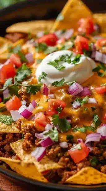 Crispy air fryer nachos topped with cheese, jalapeños, and salsa