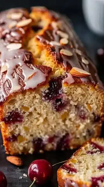 Sliced Almond Cherry Loaf drizzled with Vanilla Bean Glaze on a wooden board