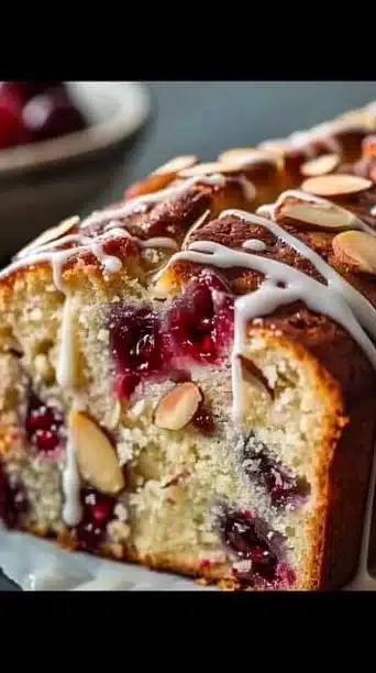 Sliced Almond Cherry Loaf drizzled with Vanilla Bean Glaze on a wooden table