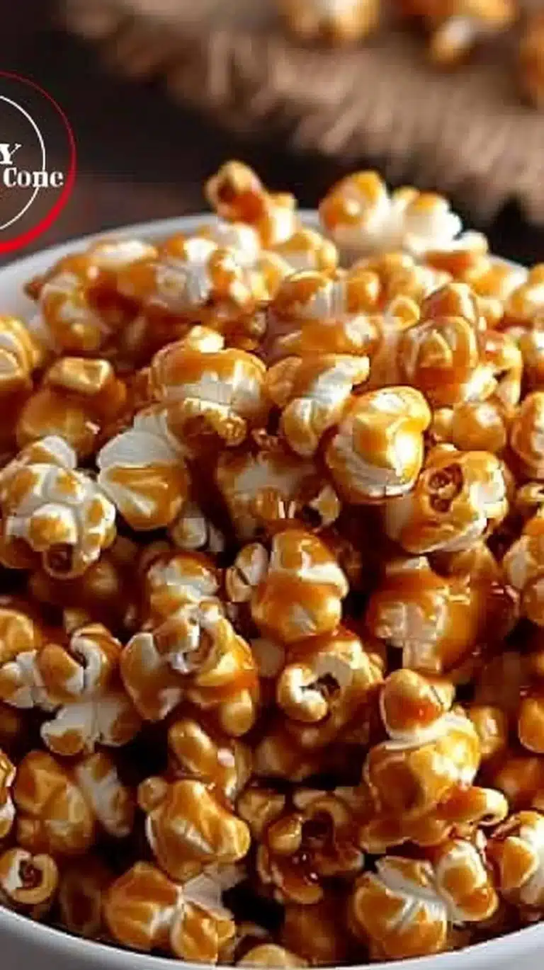 Delicious homemade Amish caramel corn in a decorative bowl