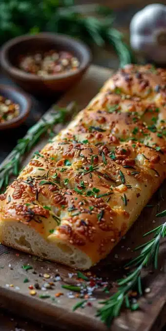 Freshly baked artisan rosemary garlic bread with herbs and spices