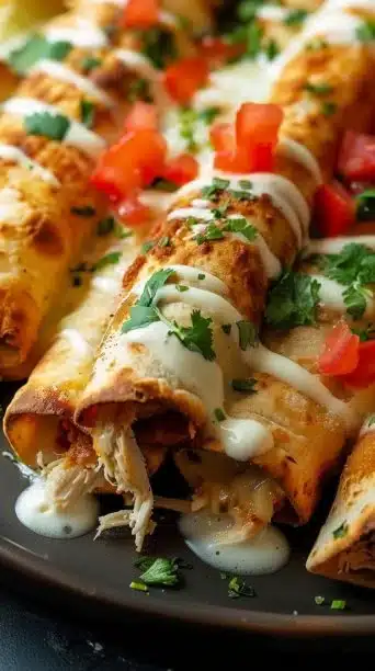 Baked Cream Cheese Chicken Taquitos on a platter with dipping sauce