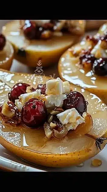 Baked pears with feta, honey, and cranberries served on a white plate
