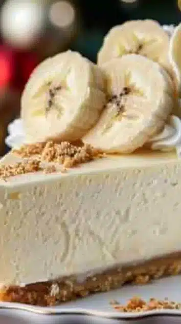 Delicious slice of Banana Cream Cheesecake topped with banana slices and whipped cream