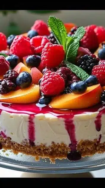 Homemade berry peach cheesecake topped with fresh berries and peaches