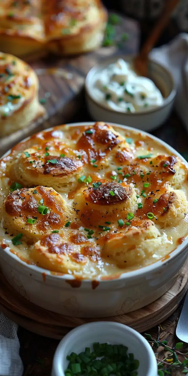 Biscuits and Gravy Casserole topped with sausage and creamy gravy