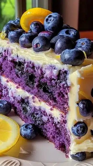 Blueberry cake with lemon frosting topped with fresh blueberries